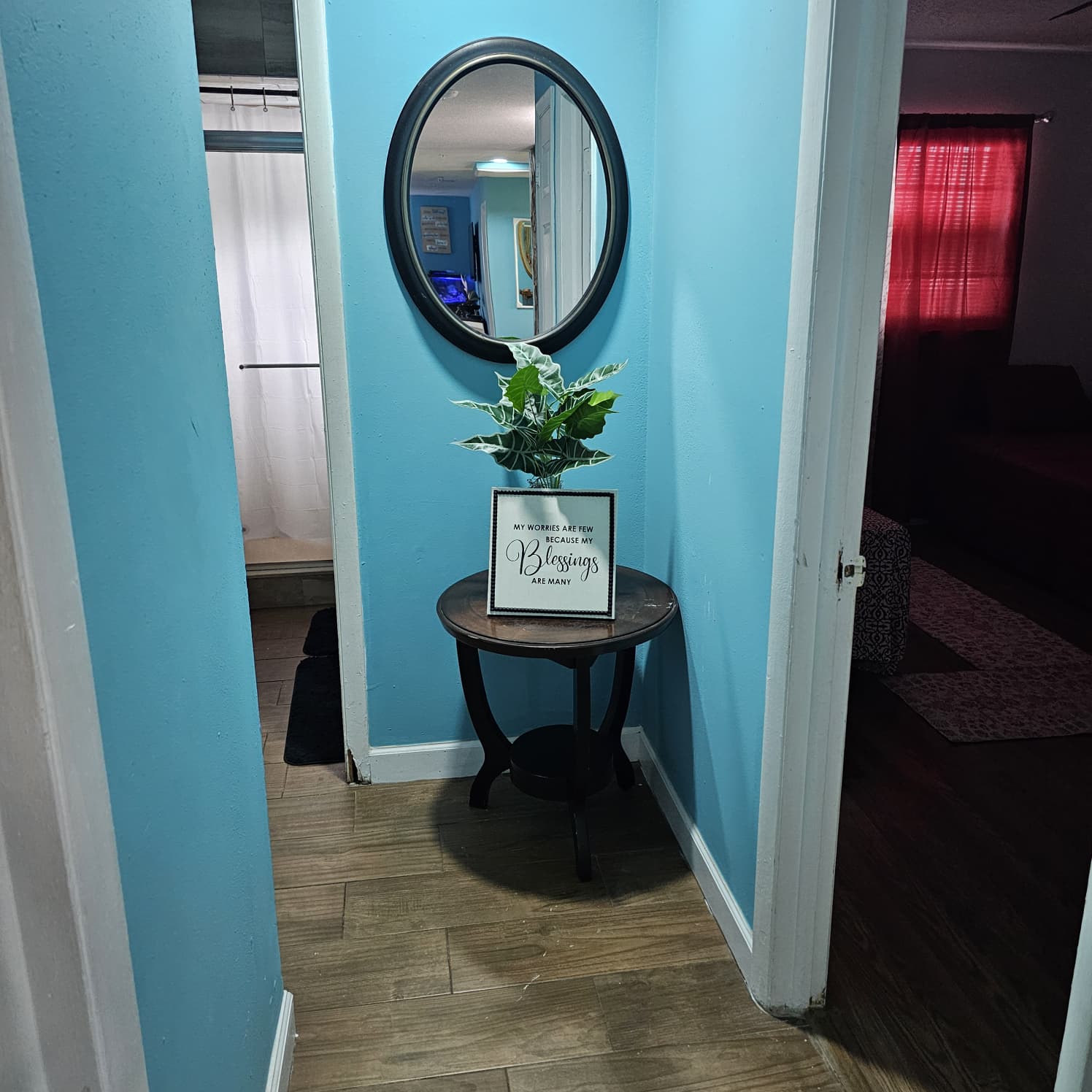 Bright hallway leading to bedrooms and bathroom